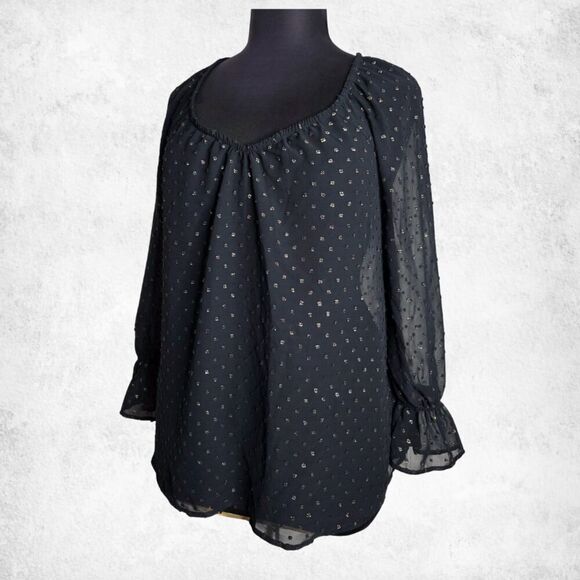 Lane Bryant Tops - Lane Bryant Black Sheer Blouse 14/16 – Plus Size Metallic Dot Long Sleeve Top
